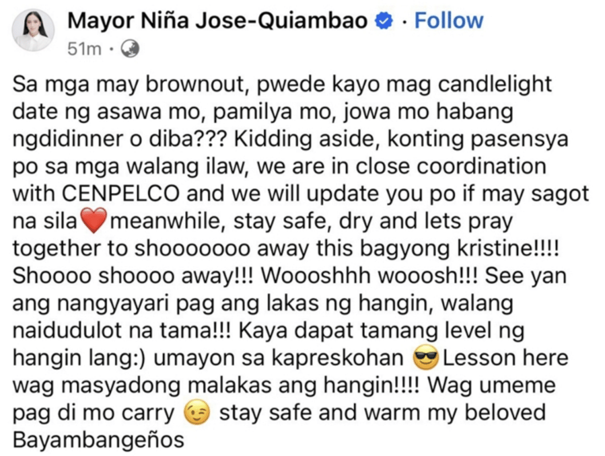 Niña Jose criticized for 'candlelight date' joke amid power outage due to Kristine